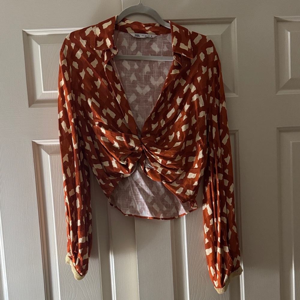 Zara Terracotta and Cream Patterned Blouse